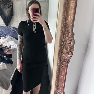 Black ribbed polo and midi skirt set